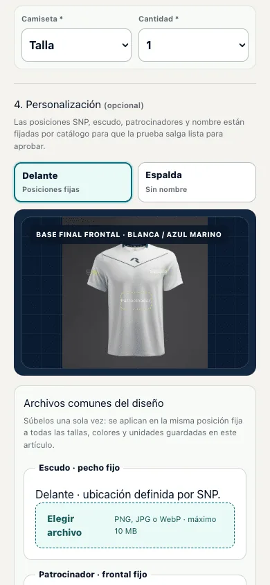 Configurador de equipaciones SNP con personalización y carga de archivos