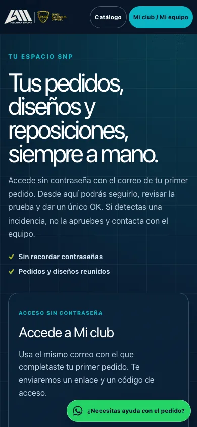 Pantalla de acceso a Mi Club para seguimiento de pedidos y diseños