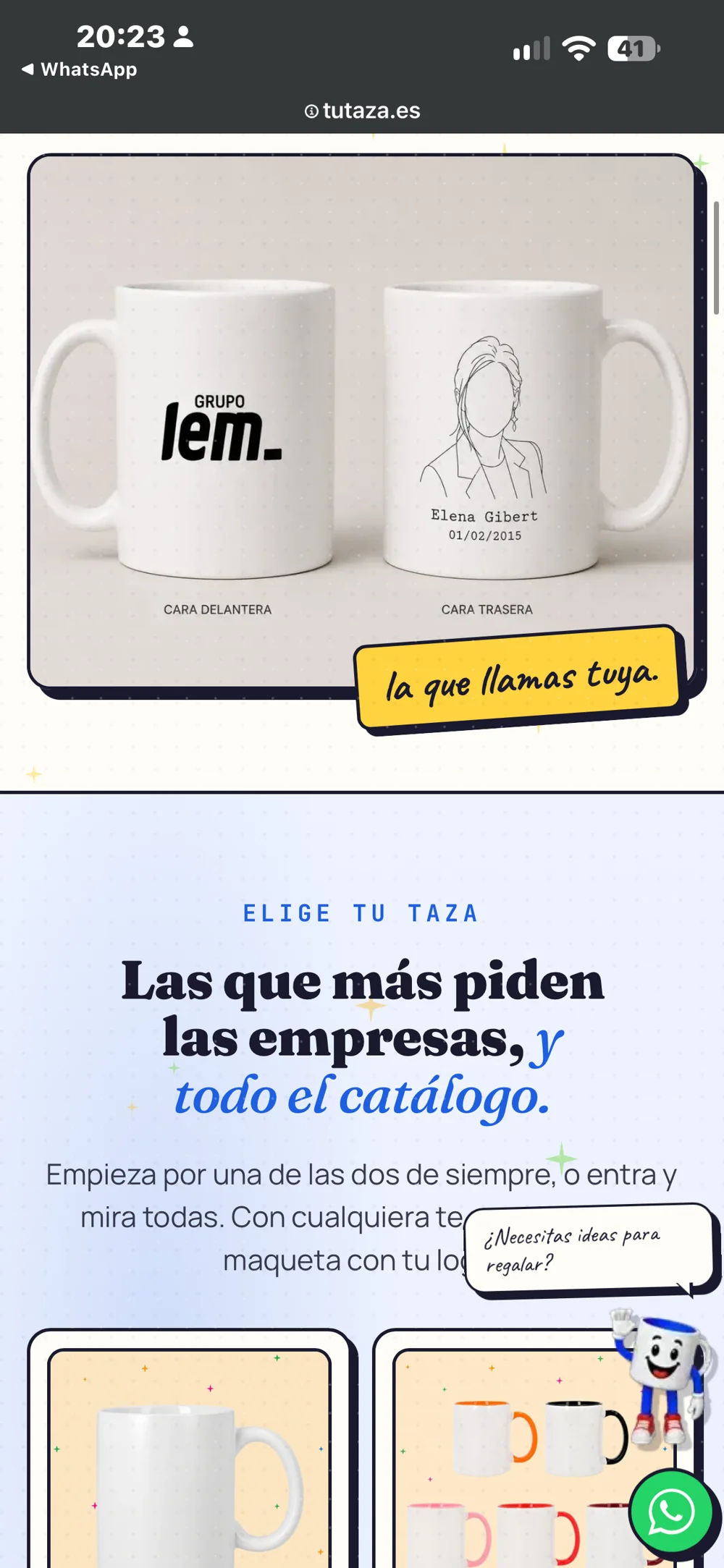 Landing B2B de tutaza.es: ejemplo de taza de empresa con logo y «las que más piden las empresas»