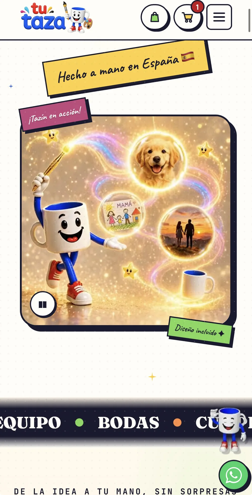 Home de tutaza.es en móvil: Tazín, la mascota, con tazas personalizadas con fotos