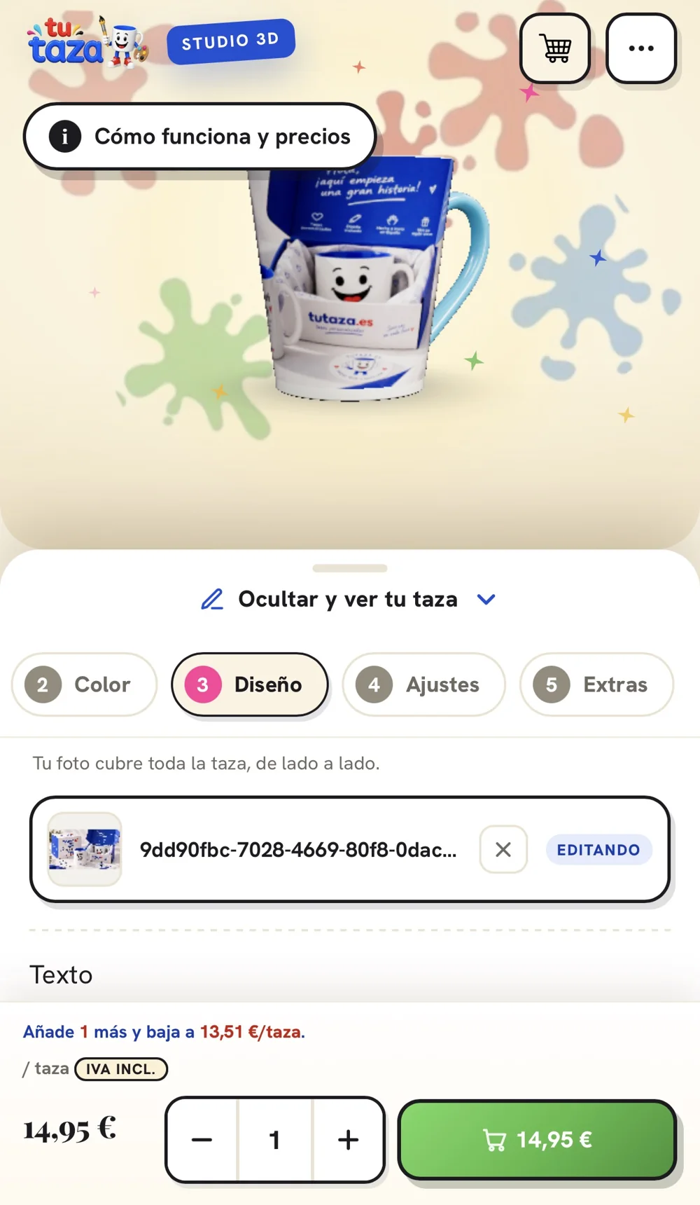 Studio 3D de tutaza.es: el cliente diseña su taza en pantalla y ve el precio por unidad