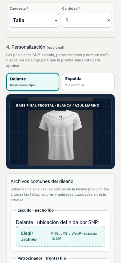 Configurador de equipaciones SNP con personalización y carga de archivos