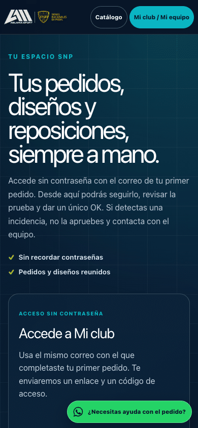 Pantalla de acceso a Mi Club para seguimiento de pedidos y diseños