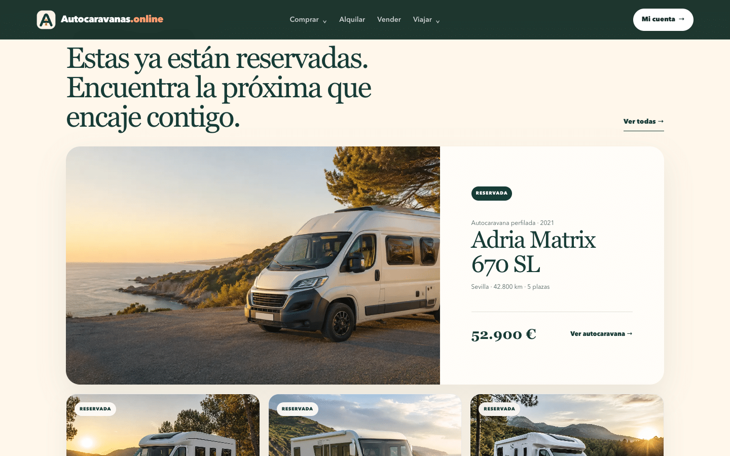 Marketplace de Autocaravanas.online con fichas públicas de vehículos