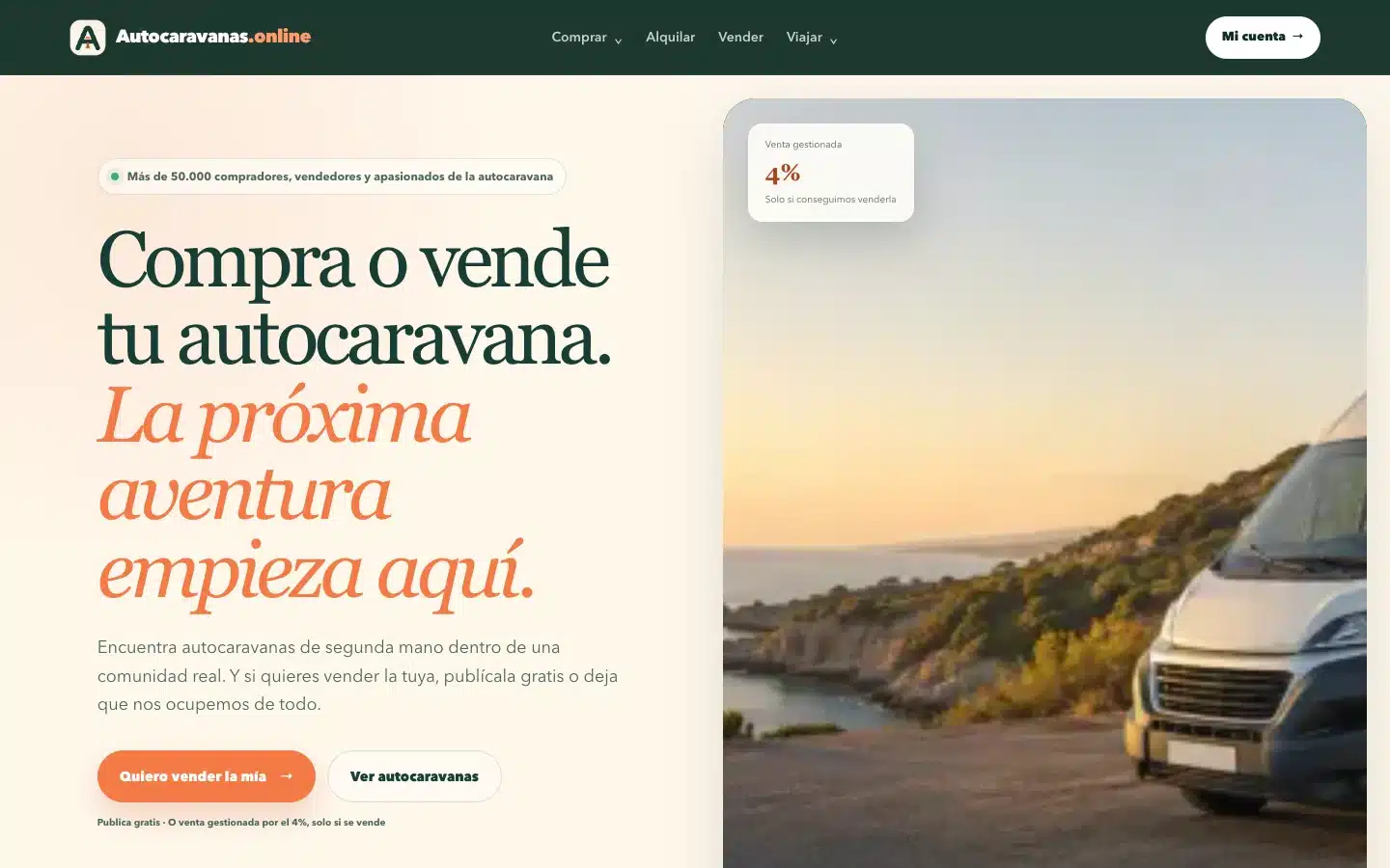 Página pública de Autocaravanas.online con búsqueda de vehículos y acceso para vender
