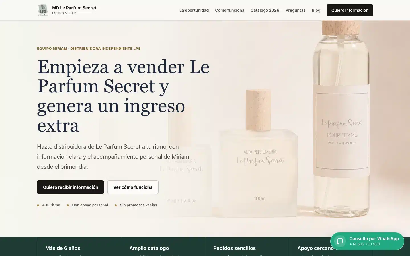 Página pública del Equipo Miriam con presentación de perfumes y enlace al catálogo